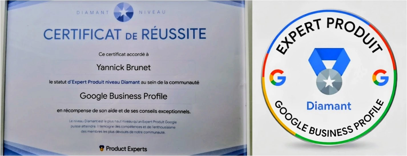 Certificat officiel Google reconnaissant Yannick Brunet comme Expert Produit